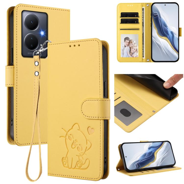 Embossed Heart Cat Leather Phone Case with Hand Strap, For vivo Y17s 4G Global / vivo Y17s 5G India, For vivo Y35+ / Y35m+ / Y27 4G 2023, For vivo Y02 / Y02A / Y02t / Y11 2023, For vivo Y78 / Y78+ / V29 Lite