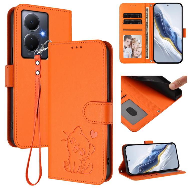 Embossed Heart Cat Leather Phone Case with Hand Strap, For vivo Y17s 4G Global / vivo Y17s 5G India, For vivo Y35+ / Y35m+ / Y27 4G 2023, For vivo Y02 / Y02A / Y02t / Y11 2023, For vivo Y78 / Y78+ / V29 Lite