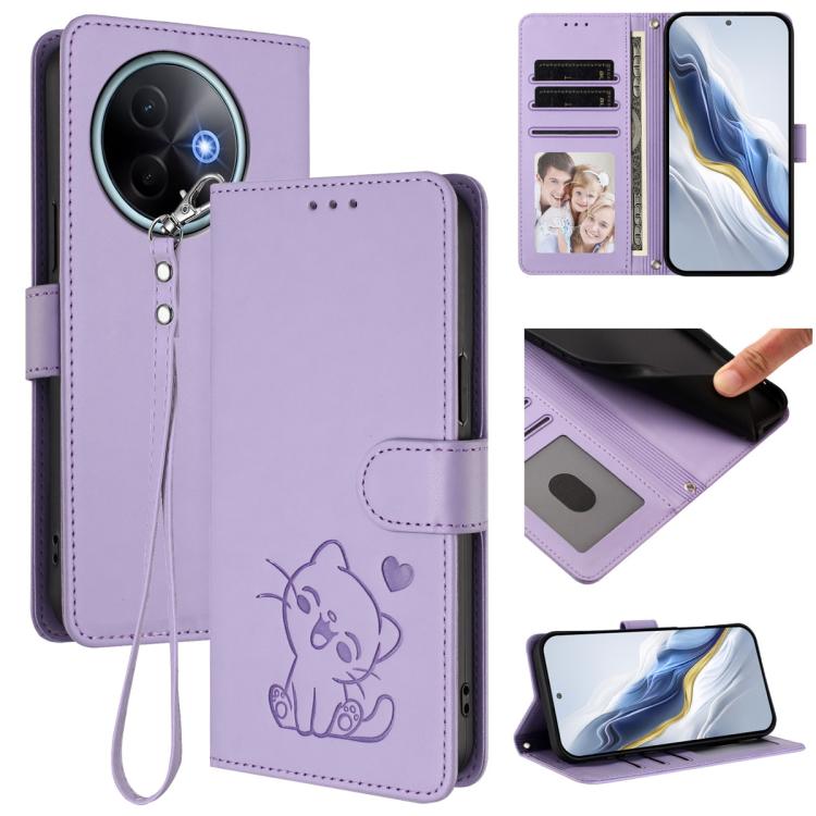 Embossed Heart Cat Leather Phone Case with Hand Strap, For vivo V50 Lite 4G / V50 Lite 5G, For vivo Y39 5G / vivo Y300i, For vivo Y29s 5G / vivo Y04 4G Global, For vivo Y19s / vivo Y29 5G