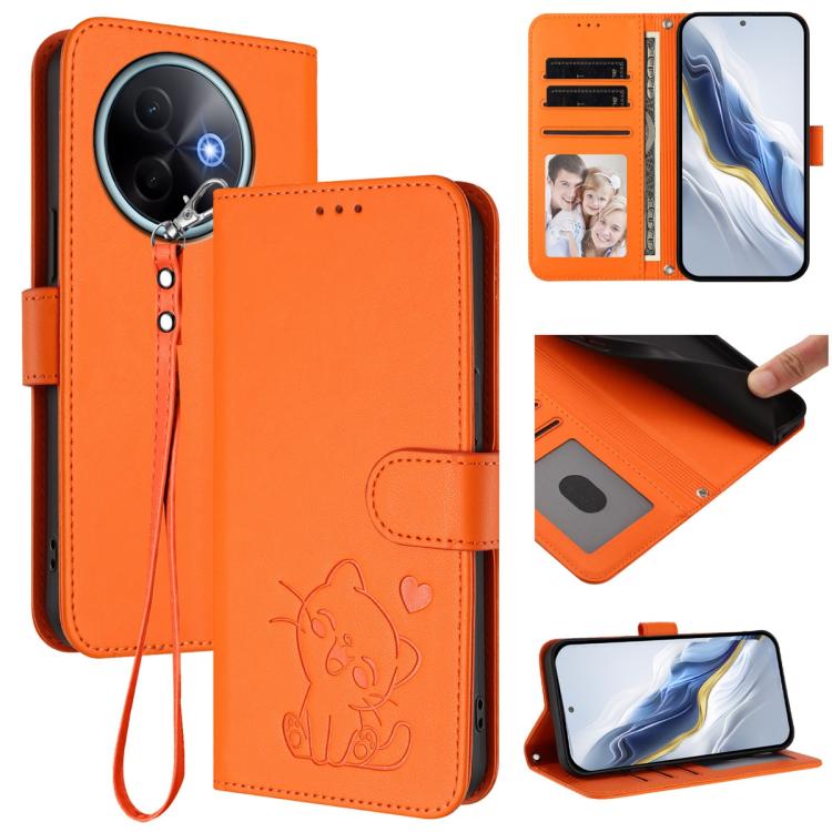 Embossed Heart Cat Leather Phone Case with Hand Strap, For vivo V50 Lite 4G / V50 Lite 5G, For vivo Y39 5G / vivo Y300i, For vivo Y29s 5G / vivo Y04 4G Global, For vivo Y19s / vivo Y29 5G