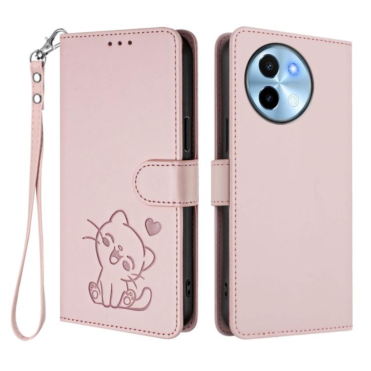 Embossed Heart Cat Leather Phone Case with Hand Strap, For vivo Y38 / vivo T3x Global, For vivo iQOO Z9x, For vivo iQOO Z9 / iQOO Z9 Turbo, For vivo S18 / S18 Pro / V30 / V30 Pro