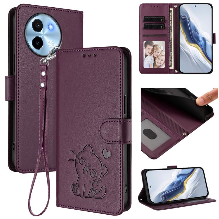 Embossed Heart Cat Leather Phone Case with Hand Strap, For vivo Y38 / vivo T3x Global, For vivo iQOO Z9x, For vivo iQOO Z9 / iQOO Z9 Turbo, For vivo S18 / S18 Pro / V30 / V30 Pro