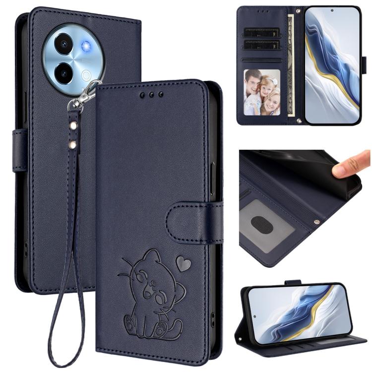 Embossed Heart Cat Leather Phone Case with Hand Strap, For vivo Y38 / vivo T3x Global, For vivo iQOO Z9x, For vivo iQOO Z9 / iQOO Z9 Turbo, For vivo S18 / S18 Pro / V30 / V30 Pro