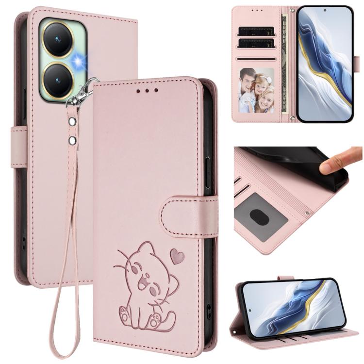 Embossed Heart Cat Leather Phone Case with Hand Strap, For vivo Y17s 4G Global / vivo Y17s 5G India, For vivo Y35+ / Y35m+ / Y27 4G 2023, For vivo Y02 / Y02A / Y02t / Y11 2023, For vivo Y78 / Y78+ / V29 Lite