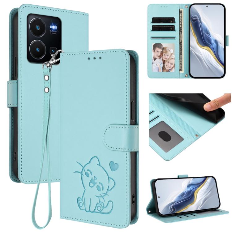 Embossed Heart Cat Leather Phone Case with Hand Strap, For vivo Y100 5G / vivo Y100A Global, For vivo S16 / S16 Pro / V27 / V27 Pro, For vivo S16e / V27e / T2, For vivo Y35 4G / Y22 / Y22s / Y77 / Y77e