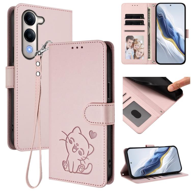 Embossed Heart Cat Leather Phone Case with Hand Strap, For vivo V50 Lite 4G / V50 Lite 5G, For vivo Y39 5G / vivo Y300i, For vivo Y29s 5G / vivo Y04 4G Global, For vivo Y19s / vivo Y29 5G