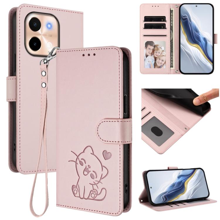 Embossed Heart Cat Leather Phone Case with Hand Strap, For vivo S19, For vivo Y28 4G Global, For vivo X100 Pro / vivo X100s Pro, For vivo X100s