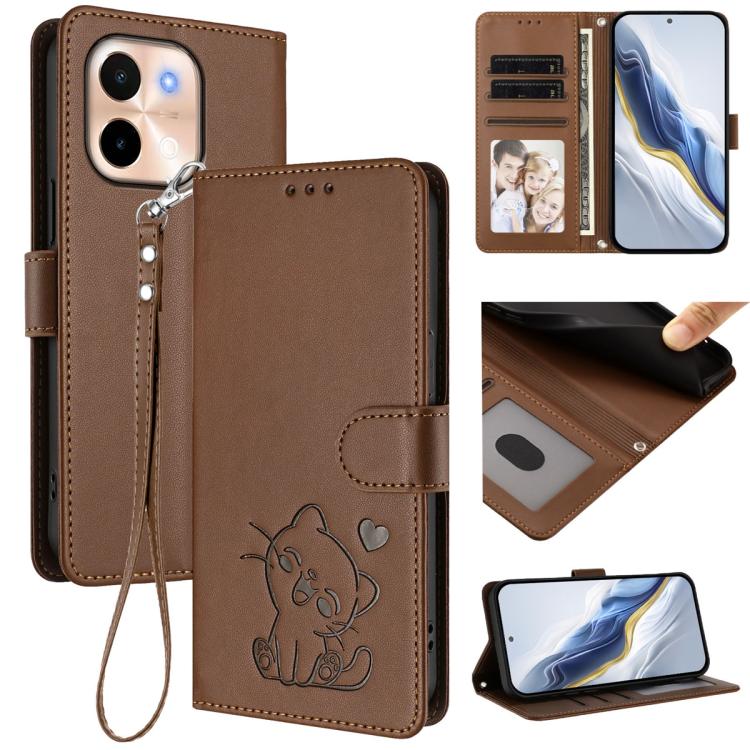Embossed Heart Cat Leather Phone Case with Hand Strap, For vivo S19, For vivo Y28 4G Global, For vivo X100 Pro / vivo X100s Pro, For vivo X100s