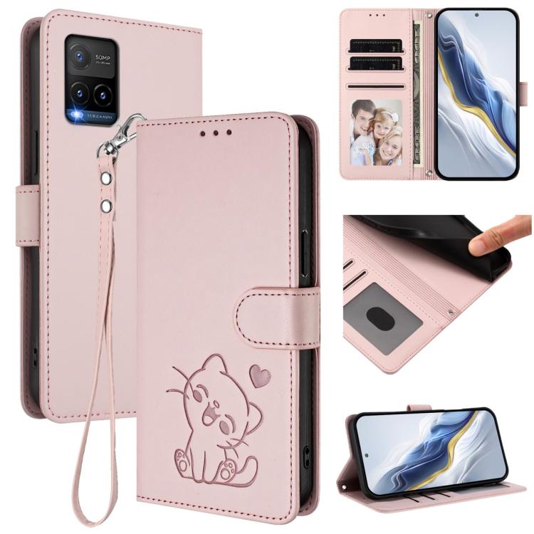 Embossed Heart Cat Leather Phone Case with Hand Strap, For vivo Y16 / vivo Y02s Global, For vivo Y55 5G / Y55s 5G 2023 / Y75 5G, For vivo Y21t / vivo Y21e