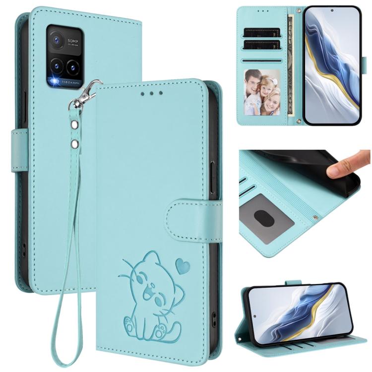 Embossed Heart Cat Leather Phone Case with Hand Strap, For vivo Y16 / vivo Y02s Global, For vivo Y55 5G / Y55s 5G 2023 / Y75 5G, For vivo Y21t / vivo Y21e