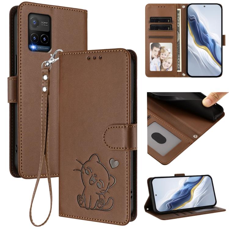 Embossed Heart Cat Leather Phone Case with Hand Strap, For vivo Y16 / vivo Y02s Global, For vivo Y55 5G / Y55s 5G 2023 / Y75 5G, For vivo Y21t / vivo Y21e