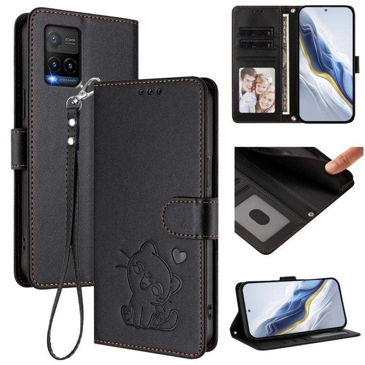 Embossed Heart Cat Leather Phone Case with Hand Strap, For vivo Y16 / vivo Y02s Global, For vivo Y55 5G / Y55s 5G 2023 / Y75 5G, For vivo Y21t / vivo Y21e