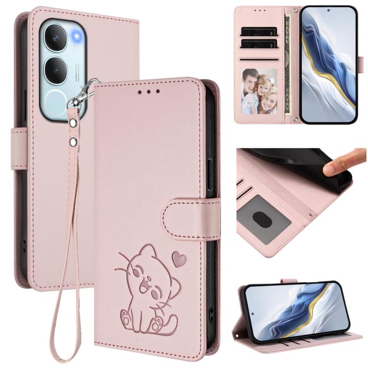 Embossed Heart Cat Leather Phone Case with Hand Strap, For vivo V50 Lite 4G / V50 Lite 5G, For vivo Y39 5G / vivo Y300i, For vivo Y29s 5G / vivo Y04 4G Global, For vivo Y19s / vivo Y29 5G