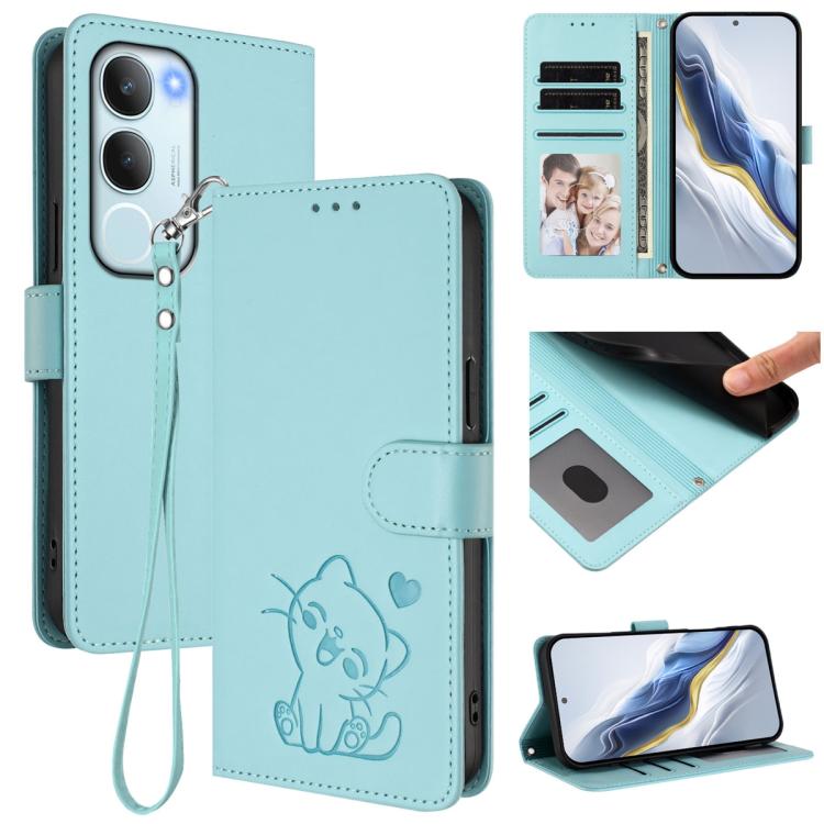 Embossed Heart Cat Leather Phone Case with Hand Strap, For vivo V50 Lite 4G / V50 Lite 5G, For vivo Y39 5G / vivo Y300i, For vivo Y29s 5G / vivo Y04 4G Global, For vivo Y19s / vivo Y29 5G