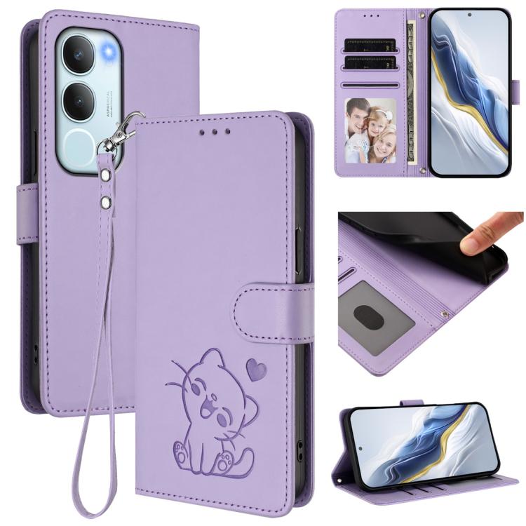 Embossed Heart Cat Leather Phone Case with Hand Strap, For vivo V50 Lite 4G / V50 Lite 5G, For vivo Y39 5G / vivo Y300i, For vivo Y29s 5G / vivo Y04 4G Global, For vivo Y19s / vivo Y29 5G