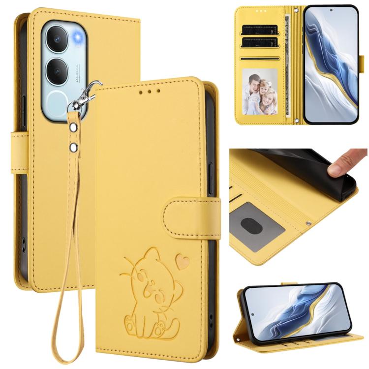 Embossed Heart Cat Leather Phone Case with Hand Strap, For vivo V50 Lite 4G / V50 Lite 5G, For vivo Y39 5G / vivo Y300i, For vivo Y29s 5G / vivo Y04 4G Global, For vivo Y19s / vivo Y29 5G