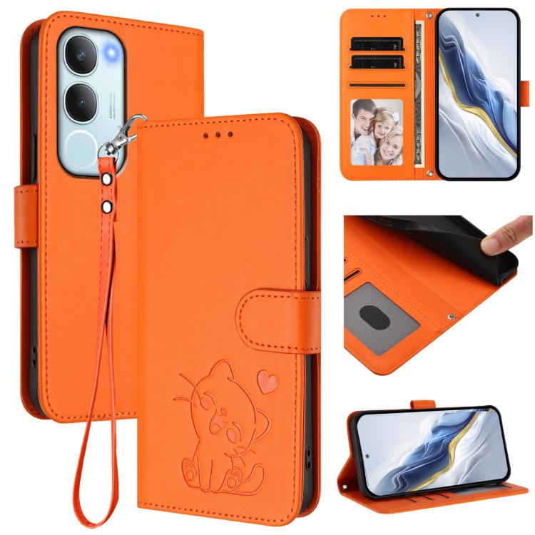 Embossed Heart Cat Leather Phone Case with Hand Strap, For vivo V50 Lite 4G / V50 Lite 5G, For vivo Y39 5G / vivo Y300i, For vivo Y29s 5G / vivo Y04 4G Global, For vivo Y19s / vivo Y29 5G