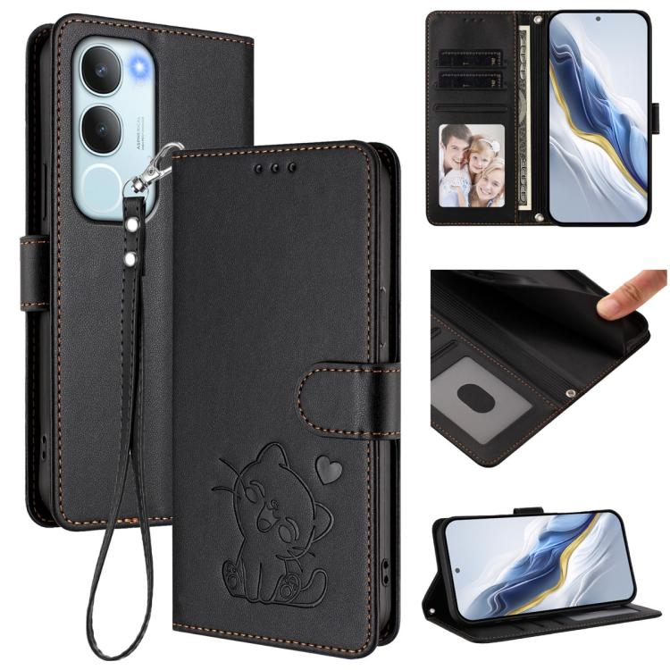 Embossed Heart Cat Leather Phone Case with Hand Strap, For vivo V50 Lite 4G / V50 Lite 5G, For vivo Y39 5G / vivo Y300i, For vivo Y29s 5G / vivo Y04 4G Global, For vivo Y19s / vivo Y29 5G