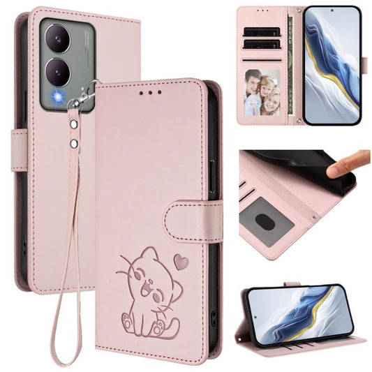 Embossed Heart Cat Leather Phone Case with Hand Strap, For vivo Y17s 4G Global / vivo Y17s 5G India, For vivo Y35+ / Y35m+ / Y27 4G 2023, For vivo Y02 / Y02A / Y02t / Y11 2023, For vivo Y78 / Y78+ / V29 Lite