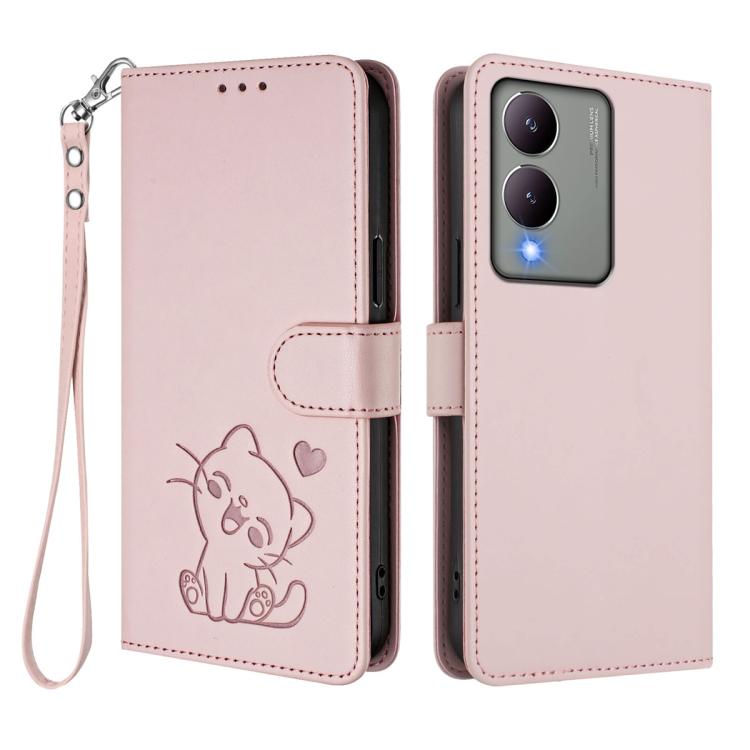 Embossed Heart Cat Leather Phone Case with Hand Strap, For vivo Y17s 4G Global / vivo Y17s 5G India, For vivo Y35+ / Y35m+ / Y27 4G 2023, For vivo Y02 / Y02A / Y02t / Y11 2023, For vivo Y78 / Y78+ / V29 Lite