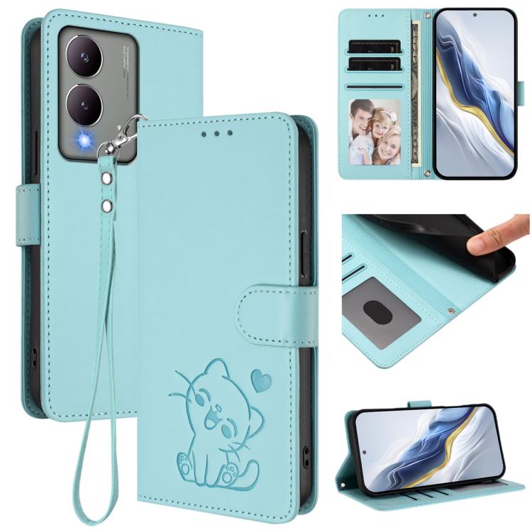 Embossed Heart Cat Leather Phone Case with Hand Strap, For vivo Y17s 4G Global / vivo Y17s 5G India, For vivo Y35+ / Y35m+ / Y27 4G 2023, For vivo Y02 / Y02A / Y02t / Y11 2023, For vivo Y78 / Y78+ / V29 Lite