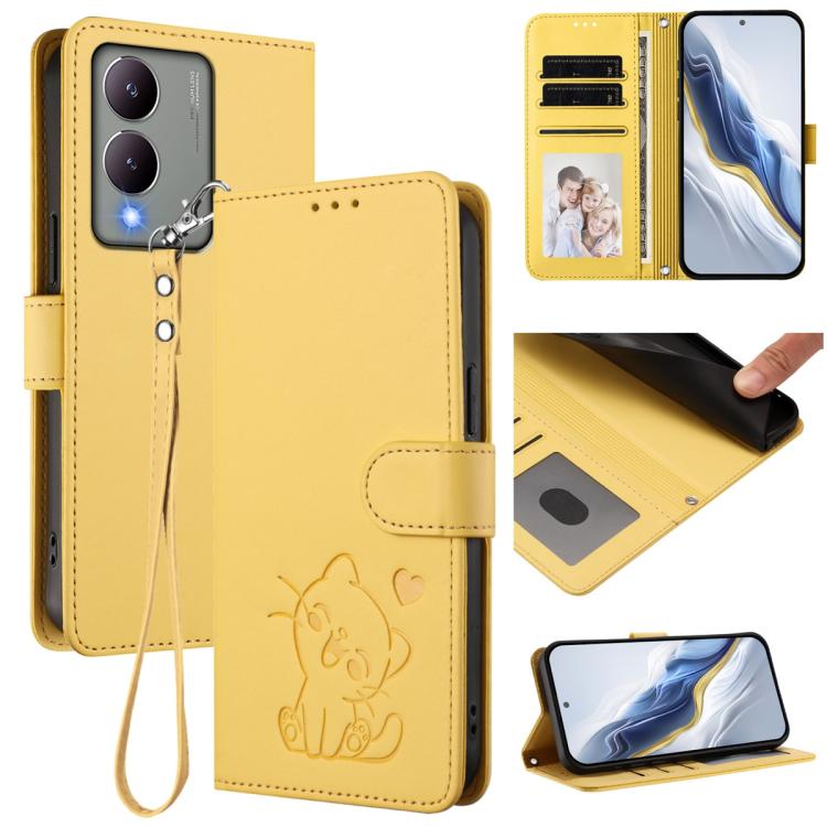 Embossed Heart Cat Leather Phone Case with Hand Strap, For vivo Y17s 4G Global / vivo Y17s 5G India, For vivo Y35+ / Y35m+ / Y27 4G 2023, For vivo Y02 / Y02A / Y02t / Y11 2023, For vivo Y78 / Y78+ / V29 Lite