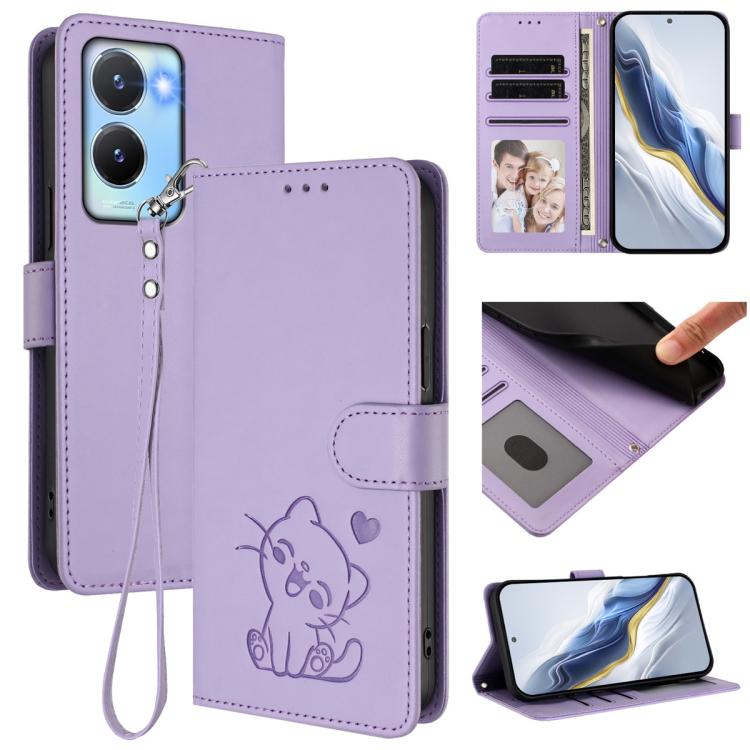 Embossed Heart Cat Leather Phone Case with Hand Strap, For vivo Y16 / vivo Y02s Global, For vivo Y55 5G / Y55s 5G 2023 / Y75 5G, For vivo Y21t / vivo Y21e