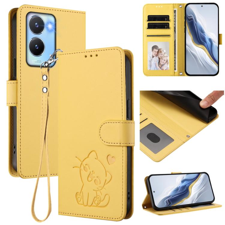 Embossed Heart Cat Leather Phone Case with Hand Strap, For vivo Y16 / vivo Y02s Global, For vivo Y55 5G / Y55s 5G 2023 / Y75 5G, For vivo Y21t / vivo Y21e