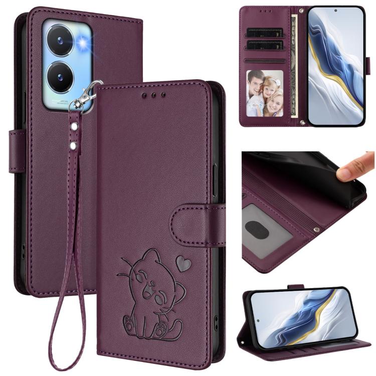 Embossed Heart Cat Leather Phone Case with Hand Strap, For vivo Y16 / vivo Y02s Global, For vivo Y55 5G / Y55s 5G 2023 / Y75 5G, For vivo Y21t / vivo Y21e