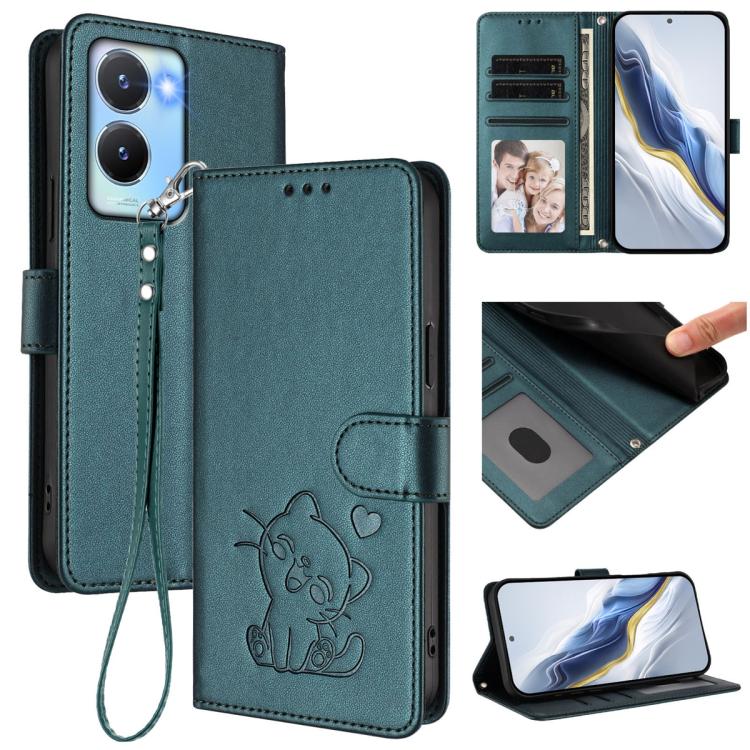 Embossed Heart Cat Leather Phone Case with Hand Strap, For vivo Y16 / vivo Y02s Global, For vivo Y55 5G / Y55s 5G 2023 / Y75 5G, For vivo Y21t / vivo Y21e