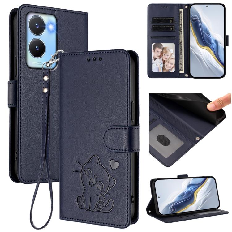 Embossed Heart Cat Leather Phone Case with Hand Strap, For vivo Y16 / vivo Y02s Global, For vivo Y55 5G / Y55s 5G 2023 / Y75 5G, For vivo Y21t / vivo Y21e