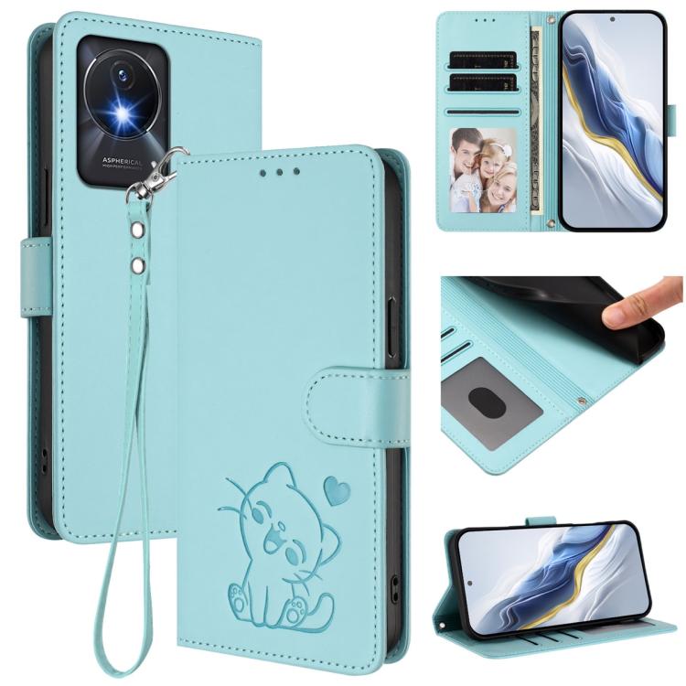 Embossed Heart Cat Leather Phone Case with Hand Strap, For vivo Y17s 4G Global / vivo Y17s 5G India, For vivo Y35+ / Y35m+ / Y27 4G 2023, For vivo Y02 / Y02A / Y02t / Y11 2023, For vivo Y78 / Y78+ / V29 Lite
