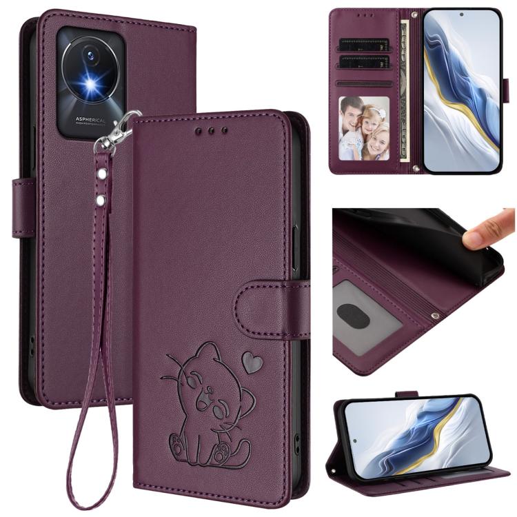 Embossed Heart Cat Leather Phone Case with Hand Strap, For vivo Y17s 4G Global / vivo Y17s 5G India, For vivo Y35+ / Y35m+ / Y27 4G 2023, For vivo Y02 / Y02A / Y02t / Y11 2023, For vivo Y78 / Y78+ / V29 Lite