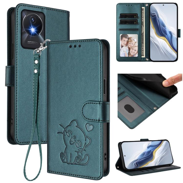 Embossed Heart Cat Leather Phone Case with Hand Strap, For vivo Y17s 4G Global / vivo Y17s 5G India, For vivo Y35+ / Y35m+ / Y27 4G 2023, For vivo Y02 / Y02A / Y02t / Y11 2023, For vivo Y78 / Y78+ / V29 Lite