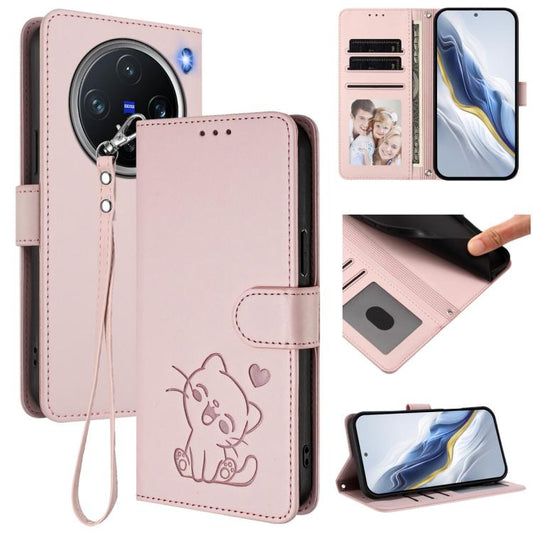 Embossed Heart Cat Leather Phone Case with Hand Strap, For vivo X200 Pro mini, For vivo X200 Pro, For vivo Y100 4G IDN / V30 Lite 4G / V30 SE, For vivo iQOO Z9s / vivo V40e