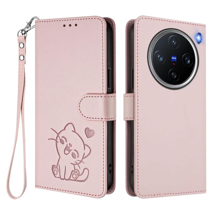 Embossed Heart Cat Leather Phone Case with Hand Strap, For vivo X200 Pro mini, For vivo X200 Pro, For vivo Y100 4G IDN / V30 Lite 4G / V30 SE, For vivo iQOO Z9s / vivo V40e