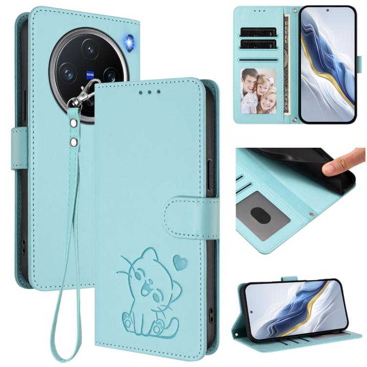 Embossed Heart Cat Leather Phone Case with Hand Strap, For vivo X200 Pro mini, For vivo X200 Pro, For vivo Y100 4G IDN / V30 Lite 4G / V30 SE, For vivo iQOO Z9s / vivo V40e