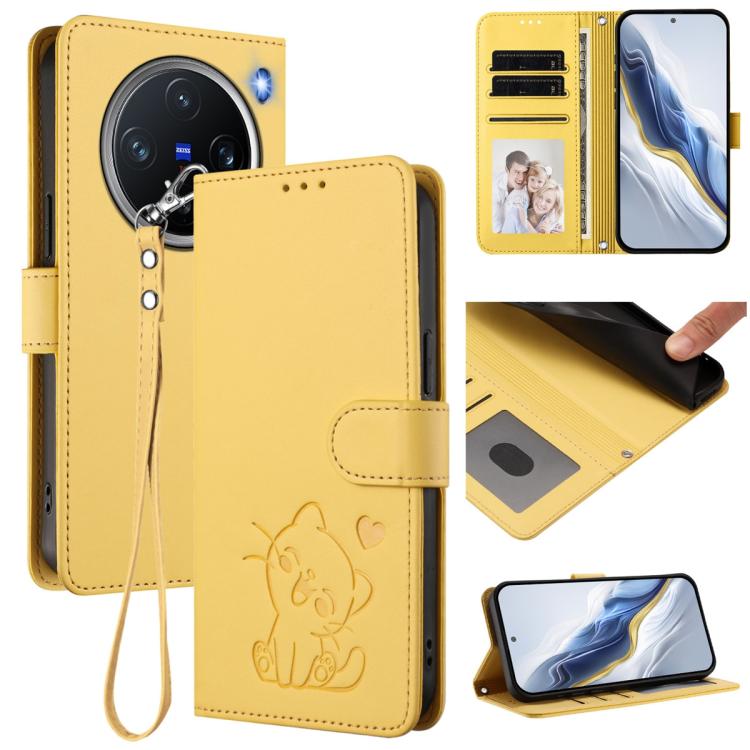 Embossed Heart Cat Leather Phone Case with Hand Strap, For vivo X200 Pro mini, For vivo X200 Pro, For vivo Y100 4G IDN / V30 Lite 4G / V30 SE, For vivo iQOO Z9s / vivo V40e