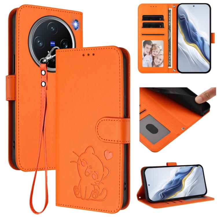 Embossed Heart Cat Leather Phone Case with Hand Strap, For vivo X200 Pro mini, For vivo X200 Pro, For vivo Y100 4G IDN / V30 Lite 4G / V30 SE, For vivo iQOO Z9s / vivo V40e