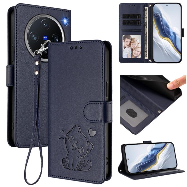 Embossed Heart Cat Leather Phone Case with Hand Strap, For vivo X200 Pro mini, For vivo X200 Pro, For vivo Y100 4G IDN / V30 Lite 4G / V30 SE, For vivo iQOO Z9s / vivo V40e