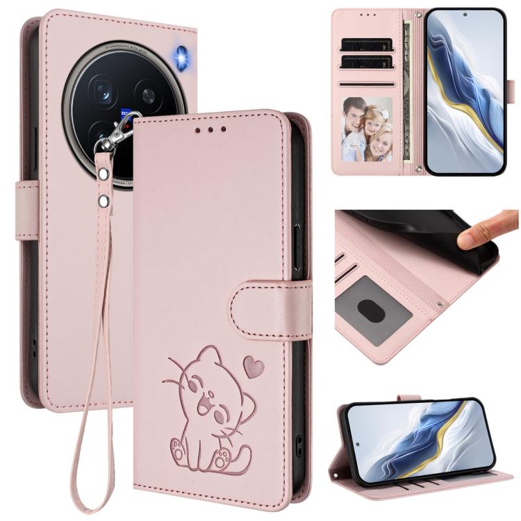Embossed Heart Cat Leather Phone Case with Hand Strap, For vivo X200 Pro mini, For vivo X200 Pro, For vivo Y100 4G IDN / V30 Lite 4G / V30 SE, For vivo iQOO Z9s / vivo V40e