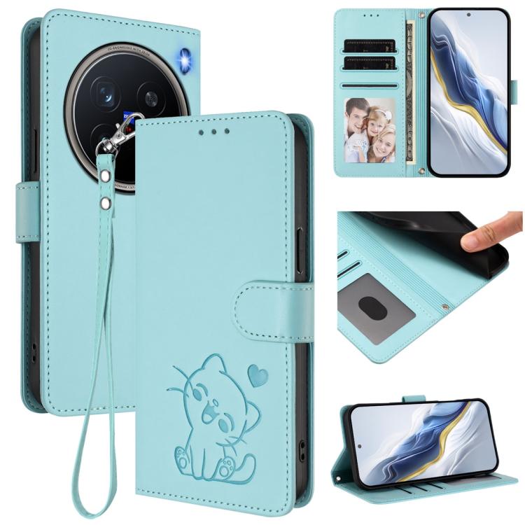Embossed Heart Cat Leather Phone Case with Hand Strap, For vivo X200 Pro mini, For vivo X200 Pro, For vivo Y100 4G IDN / V30 Lite 4G / V30 SE, For vivo iQOO Z9s / vivo V40e