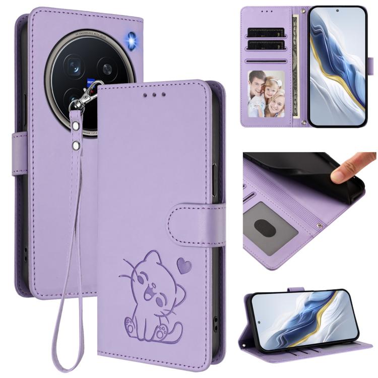 Embossed Heart Cat Leather Phone Case with Hand Strap, For vivo X200 Pro mini, For vivo X200 Pro, For vivo Y100 4G IDN / V30 Lite 4G / V30 SE, For vivo iQOO Z9s / vivo V40e
