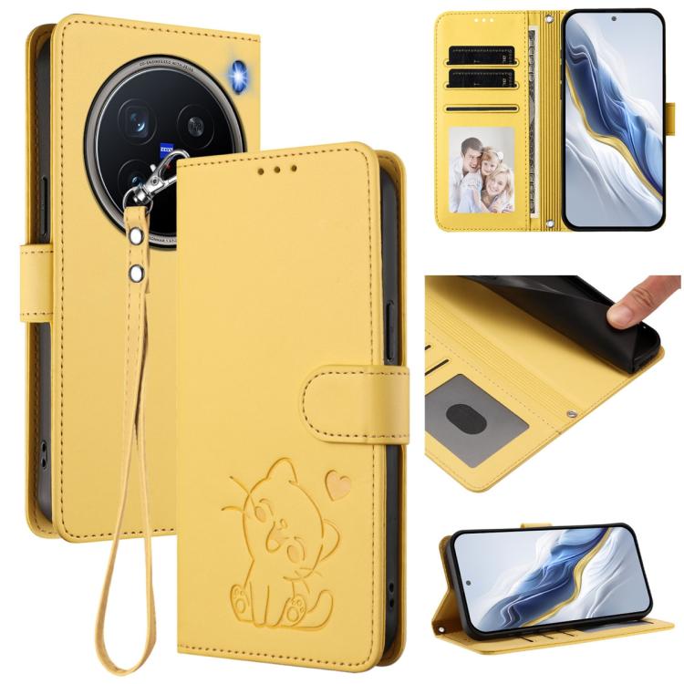 Embossed Heart Cat Leather Phone Case with Hand Strap, For vivo X200 Pro mini, For vivo X200 Pro, For vivo Y100 4G IDN / V30 Lite 4G / V30 SE, For vivo iQOO Z9s / vivo V40e