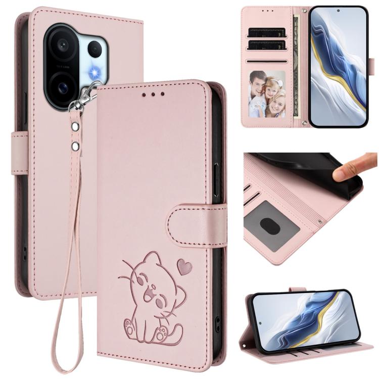 Embossed Heart Cat Leather Phone Case with Hand Strap, For vivo V60 5G Global, For vivo Y400 Pro 5G, For vivo X200 FE / vivo S30 Pro mini, For vivo S30