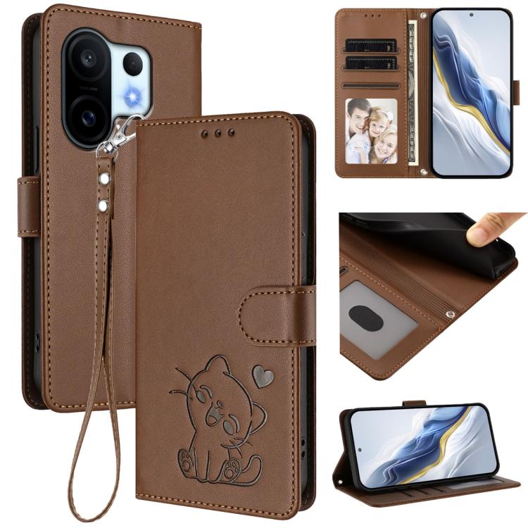 Embossed Heart Cat Leather Phone Case with Hand Strap, For vivo V60 5G Global, For vivo Y400 Pro 5G, For vivo X200 FE / vivo S30 Pro mini, For vivo S30