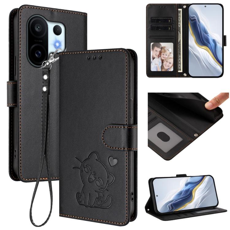 Embossed Heart Cat Leather Phone Case with Hand Strap, For vivo V60 5G Global, For vivo Y400 Pro 5G, For vivo X200 FE / vivo S30 Pro mini, For vivo S30