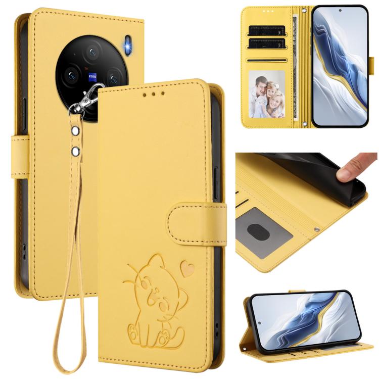 Embossed Heart Cat Leather Phone Case with Hand Strap, For vivo S19, For vivo Y28 4G Global, For vivo X100 Pro / vivo X100s Pro, For vivo X100s