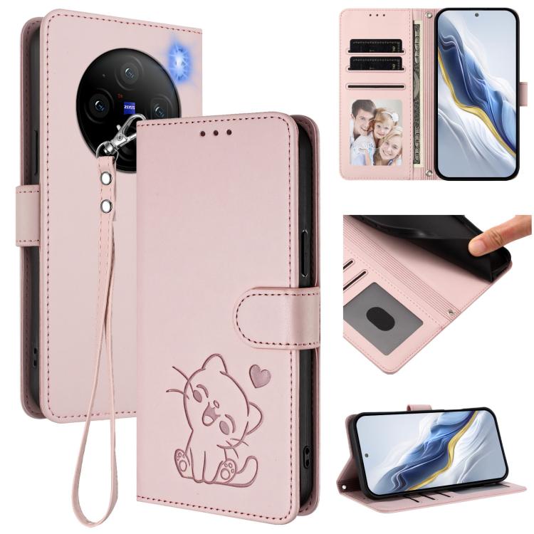 Embossed Heart Cat Leather Phone Case with Hand Strap, For vivo S19, For vivo Y28 4G Global, For vivo X100 Pro / vivo X100s Pro, For vivo X100s