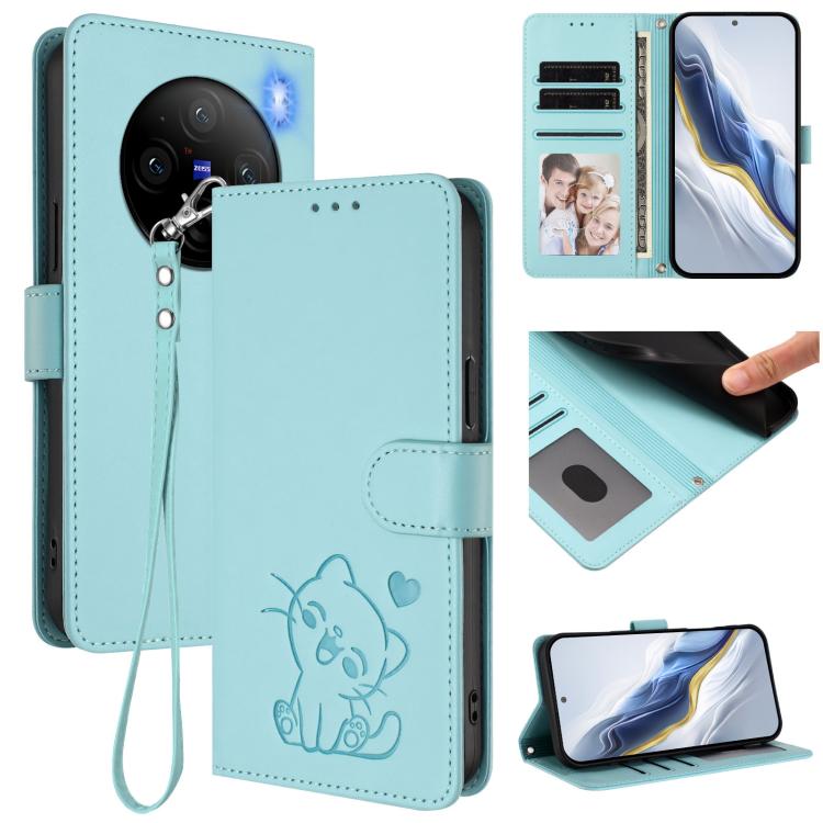 Embossed Heart Cat Leather Phone Case with Hand Strap, For vivo S19, For vivo Y28 4G Global, For vivo X100 Pro / vivo X100s Pro, For vivo X100s